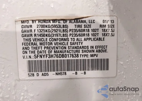 2013 Honda Pilot Ex-L from USA, damaged, VIN 5FNYF3H76DB017638